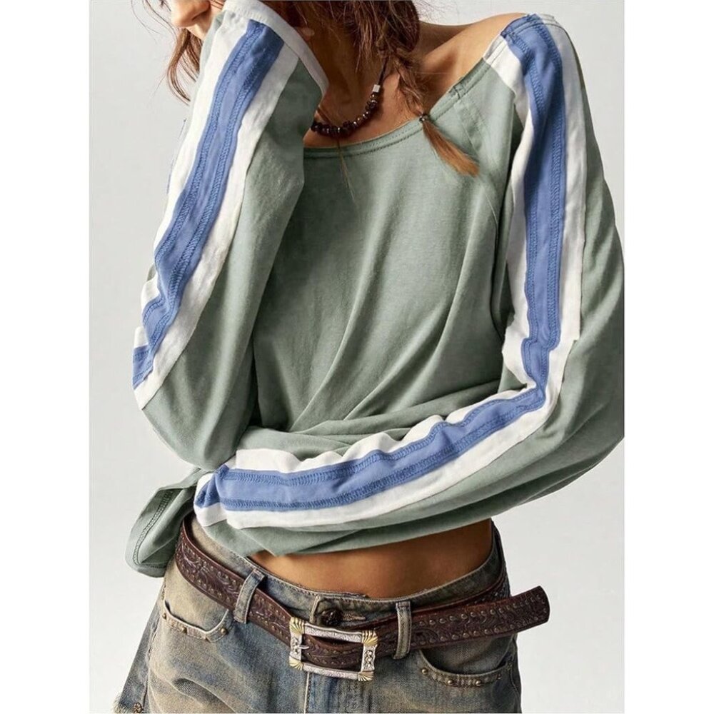 RoseSeek Sz L Oversized Olive Raw Hem Boat Neck Long Sleeves Pullover Blouse